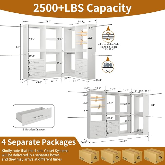 Closet System of 4 Sets with 6 Drawers, 101.9" Walk in Corner Closet System with 9 Hanging Rods & Adjustable Shelves, Custom L-Shaped Modular Closet Organizer System Wood Corner, White