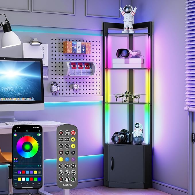 5-Tier RGB Display Cabinet, 65" Tall Corner Shelf Stand with Storage | RGBWIC LED Light, Remote & APP Control, Adjustable Brightness/Color Temp, Floor Lamp Shelves for Living Room, Bedroom
