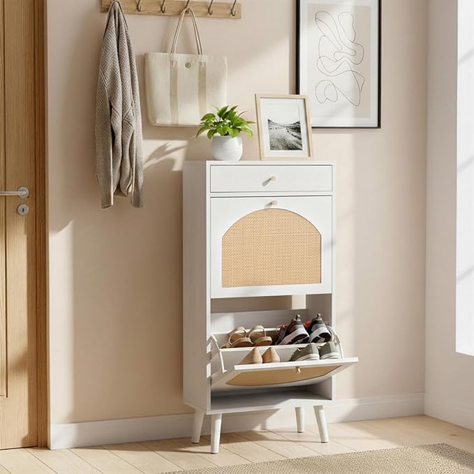 Karl home White Rattan Shoe Cabinet, 1-Drawer 2-Tilt-Out Entryway Organizer | Hidden Shoe Rack Storage with Rattan Panel for Heels, Slippers and Casual Shoes, Space Saving Entryway Storage Furniture
