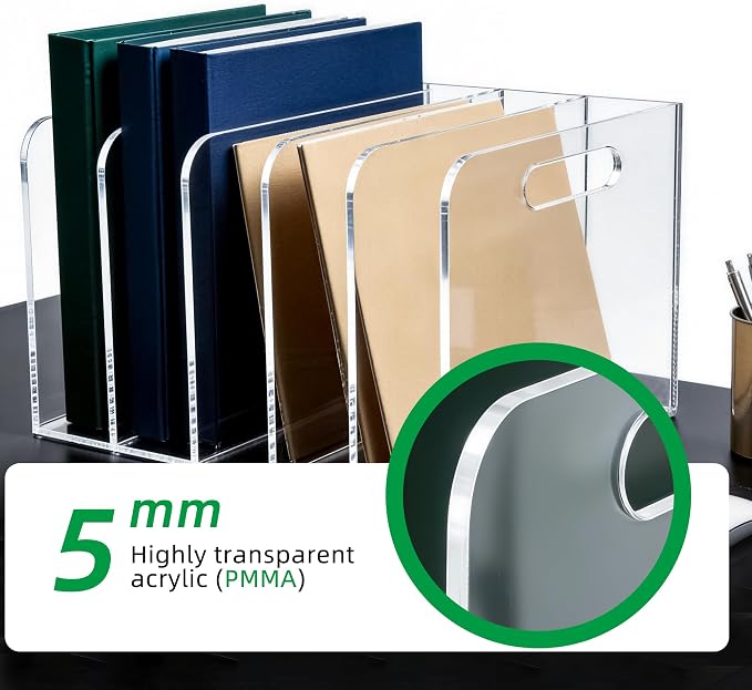 Clear Acrylic Magazine File Holder, 5 Compartment Desk Organizer | 5 spacious vertical compartments hold magazines, files, books & more. Clear acrylic, non-slip base. No assembly, portable.