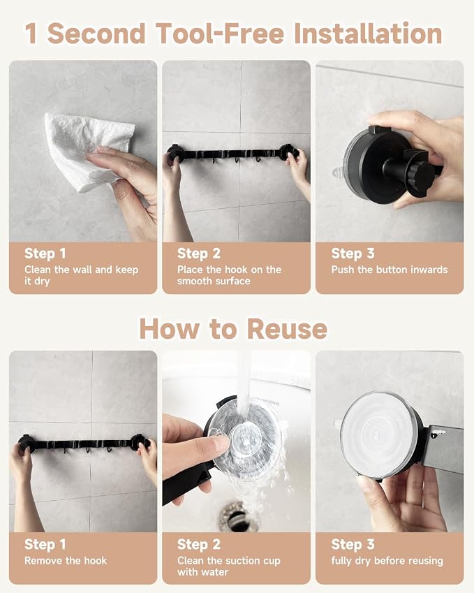 2026 Upgrade Broom Holder Wall Mount with Suction Cup, Broom and Mop Organizer Wall Hanging with 4 Racks & 3 Hooks, Removable and Reusable, Mop and Broom Hanger for Home Kitchen Laundry