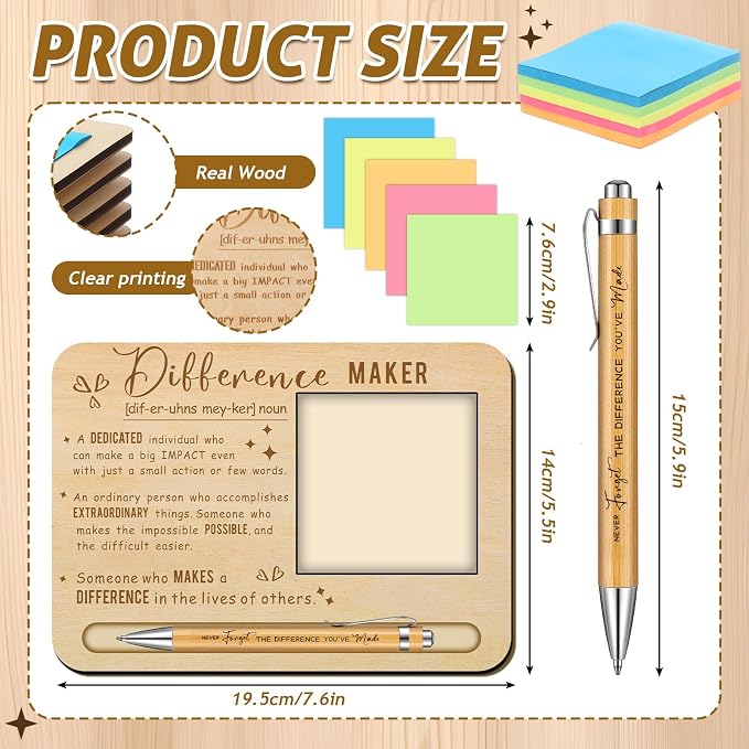 Kosiz 10 Set Difference Maker Appreciation Gifts Bulk for Employee Coworkers Wooden Inspirational Sticky Note Holder Set Thank You Appreciation Gifts for Team Staff Teachers Boss Nurse
