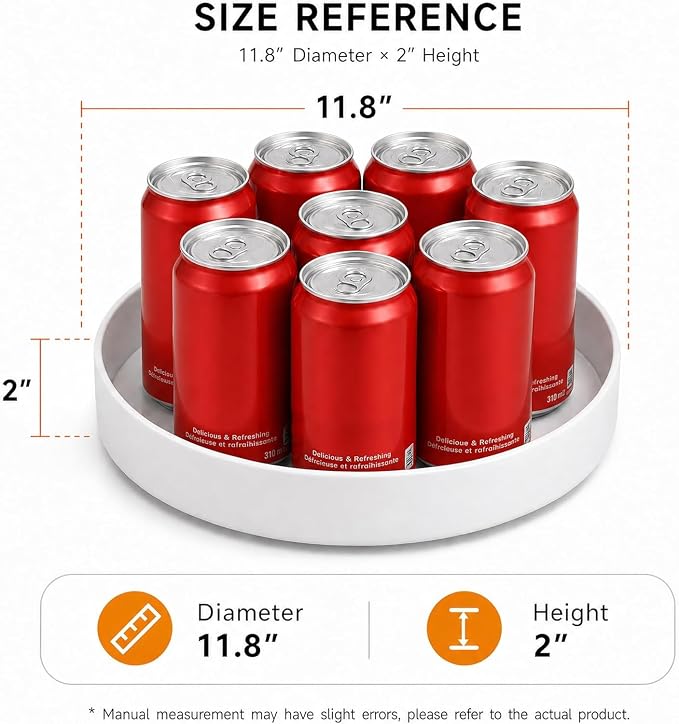 CTIME Lazy Susan for Refrigerator, 11.8in White Lazy Susan Spice Rack | 360° Rotating, Non-Slip Base, 2in Raised Edge, for Kitchen, Pantry & Refrigerator