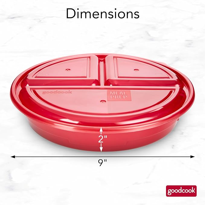 GoodCook Meal Prep Containers Set Microwave & Dishwasher-Safe Round Food Organizers with Labeled Compartments BPA-Free Food Storage Set with Snap Shut Lids Portion Control, 10-Pieces, Red