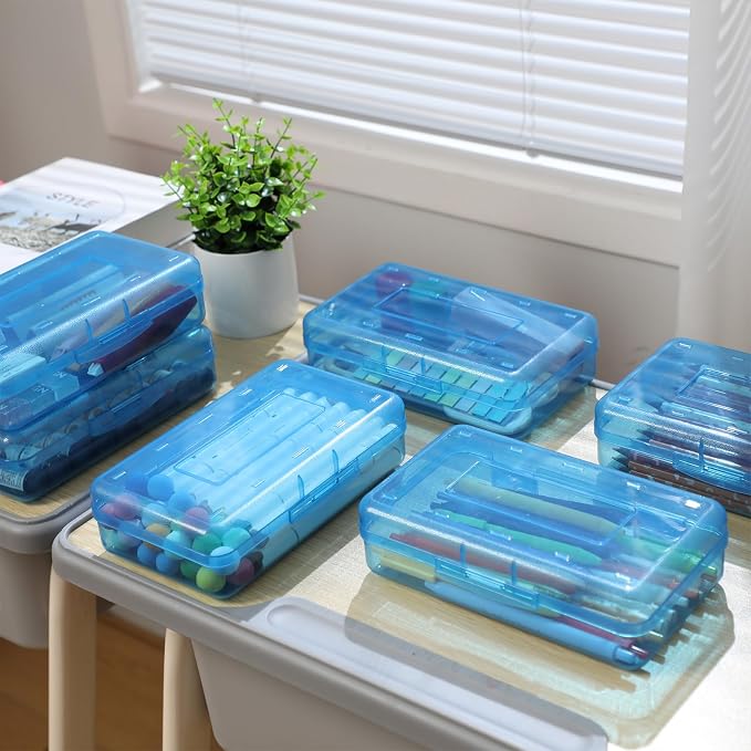 Blulu 6 Pack Large Plastic Pencil Case Box Clear Pencil Boxes Bulk Hard Crayon Box Storage with Snap Lids 8.1 x 4.7 x 2.2 Inch Painting Organizer Classroom Stationery School Supplies (Blue)