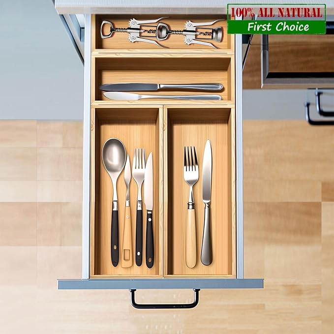 guiogc Multi-size bamboo drawer silverware Organizer, Utensil Tray for Kitchen (L:11.8"x4.92"x1.9", S:9.85"x3.55"x1.8" Set of 4) Space-saving bamboo storage set designed for small families
