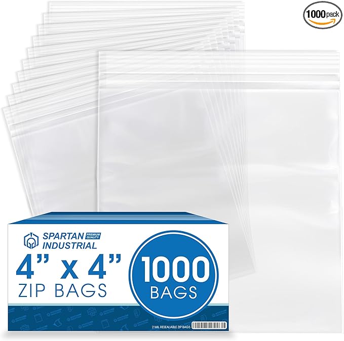 Spartan Industrial - 4” X 4” (1000 Count) 2 Mil Clear Reclosable Zip Plastic Poly Bags with Resealable Lock Seal Zipper