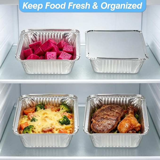 MOACOCK 50 Pack Aluminum Pans with Lids(8.5"×6"), 2.25lb Foil Pans with Board Lids, Disposable Take Out Food Containers, Foil Pans for Meal Prep Freezer Cooking Baking