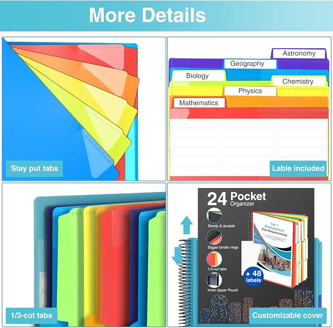 Forvencer 24 Pocket Project Organizer, 1/3-cut Tab Binder Organizer with Sticky Labels, Multi Pocket Folder with Zipper Pouch, Folder Binder Spiral Pocket Notebook, Office Supplies, Letter Size, Blue