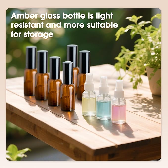 Showvigor 6-Pack 1oz/30ml Amber Glass Spray Bottles for Fine Mist | with 2 Extra Nozzles, Refillable Essential Oil, Toner, Hair Care & Cleaning Solutions Bottles Set | Leak-Proof, UV Protection
