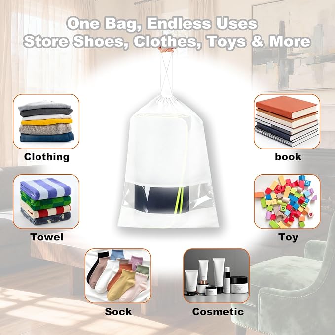 20 Pack Shoe Bags for Travel, 17" x 12.6" Drawstring Shoe Organizers with Clear Window, Breathable Non-Woven Dustproof Pouches for Luggage & Closet (White)