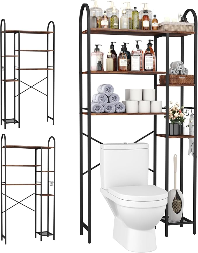 HOMEFORT Over The Toilet Storage with Side Rack, 6-Tier Over Toilet Storage Rack with Adjustable Shelf, Space Saver Bathroom Organizer for Laundry, Balcony, Kitchen,31.5"W x 9.4"D x 65"H,Rustic Brown