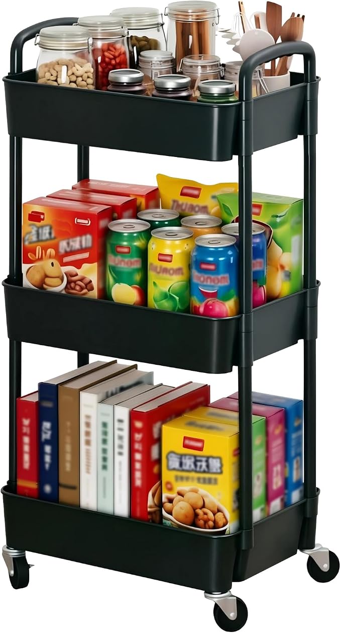 Sywhitta 3-Tier Plastic Rolling Utility Cart with Handle, Multi-Functional Storage Trolley for Office, Living Room, Kitchen, Movable Storage Organizer with Wheels, Black