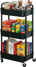 Sywhitta 3-Tier Plastic Rolling Utility Cart with Handle, Multi-Functional Storage Trolley for Office, Living Room, Kitchen, Movable Storage Organizer with Wheels, Black
