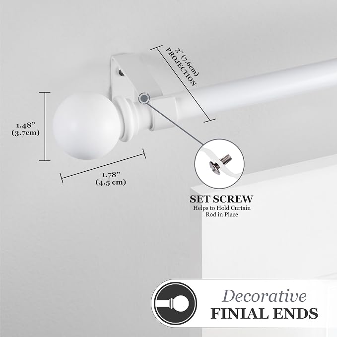 Kenney Chelsea Ball End Window Curtain Rod - Adjustable for Windows 48 to 86 Inches, Extendable Set, White