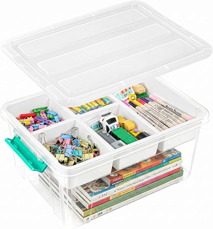 EOENVIVS Clear Stackable Storage Organizer Box with Dividers, Multi-Functional Container for Building Blocks, Toys, Crafts and Tools