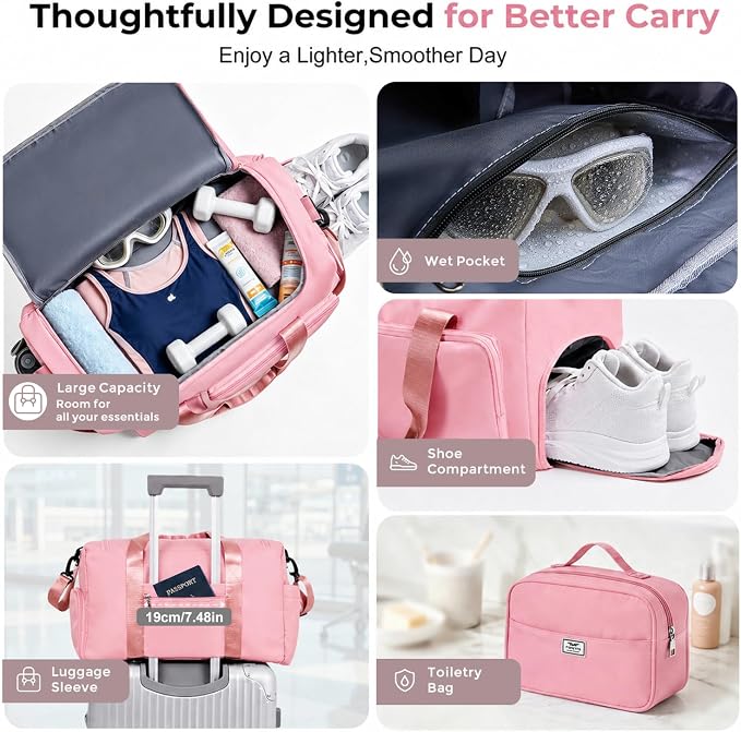 FIORETTO Women's Gym Duffle Bag with Shoes Compartment, 30L Capacity, Ideal for Travel, Gym, Sports, Duffel, Weekender