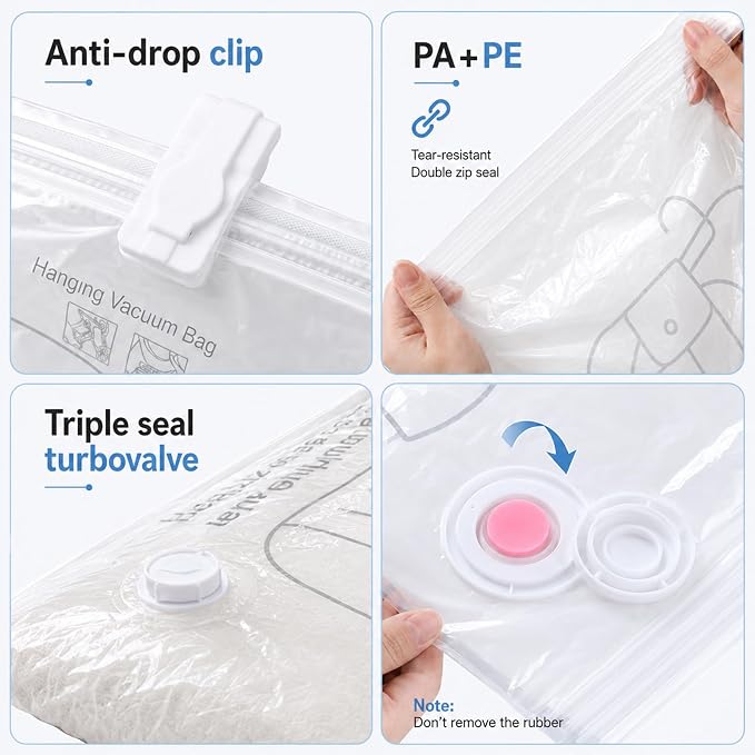 10 Pack Hanging Vacuum Sealer Storage Bags | 43.3 x 27.6 inch Space Saver Bag, Reusable Large Transparent Vacuum Seal Bags, for Clothes, Suits, Coats or Jackets, Clear