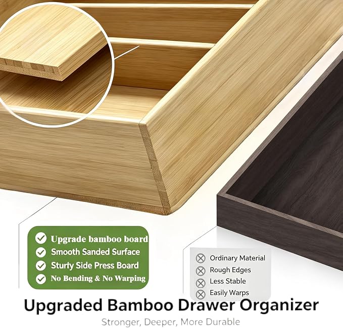 Expandable Silverware Organizer | Upgraded Bamboo Kitchen Drawer Organizer, 12.5"-21" Adjustable Utensil Tray
