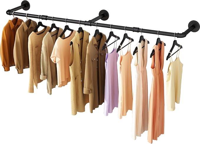 Wall Mounted Clothes Rack 52.6in, Industrial Pipe Clothing Racks Wall Mount, Heavy Duty Detachable Iron Garment Bar, Saving Space, Multi-Purpose Hanging Rod for Bedroom, Laundry Room, 1 Pack