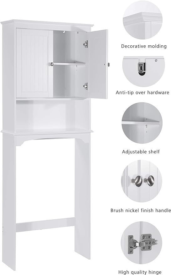Spirich Over The Toilet Storage Cabinet with Doors, Bathroom Organizer | White, Adjustable Shelf, Anti-Tip Fitting, FSC-Certified MDF, Beadboard Design, 33.3" Toilet Clearance, Adjustable Crossbar