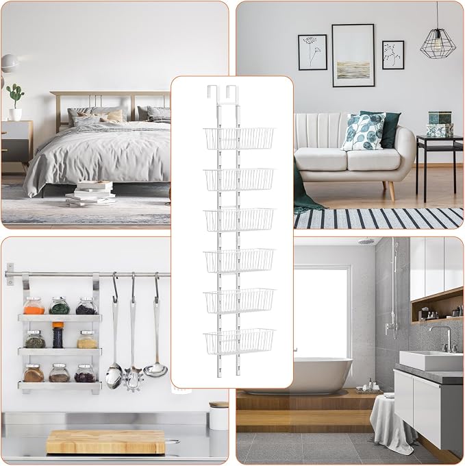 6 Tier Over the Door Pantry Organizer, Over the Door Spice Rack with Adjustable Baskets, Metal Hanging Door Pantry Organizers and Storage for Kitchen Bathroom Bedroom, White