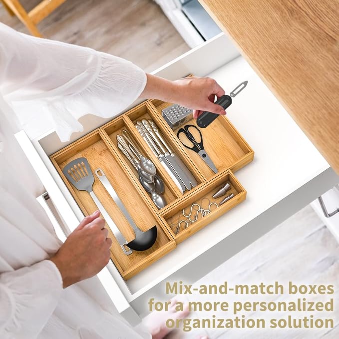 Bamboo Kitchen Drawer Organizer 12"x 3", Wooden Stackable Silverware Tray | Utensil Organizer Cutlery Holder for Kitchen, Wooden Storage Box for Bathroom, Multi-Use Storage Bins Dividers for Office
