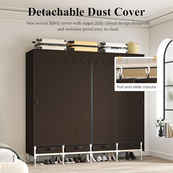 Portable Wardrobe with 4 Drawers, 4 Hanging Rods - 67" Tall Sweater Organizer, Sturdy Easy Temporary Bedroom Wardrobe Organizer, Brown