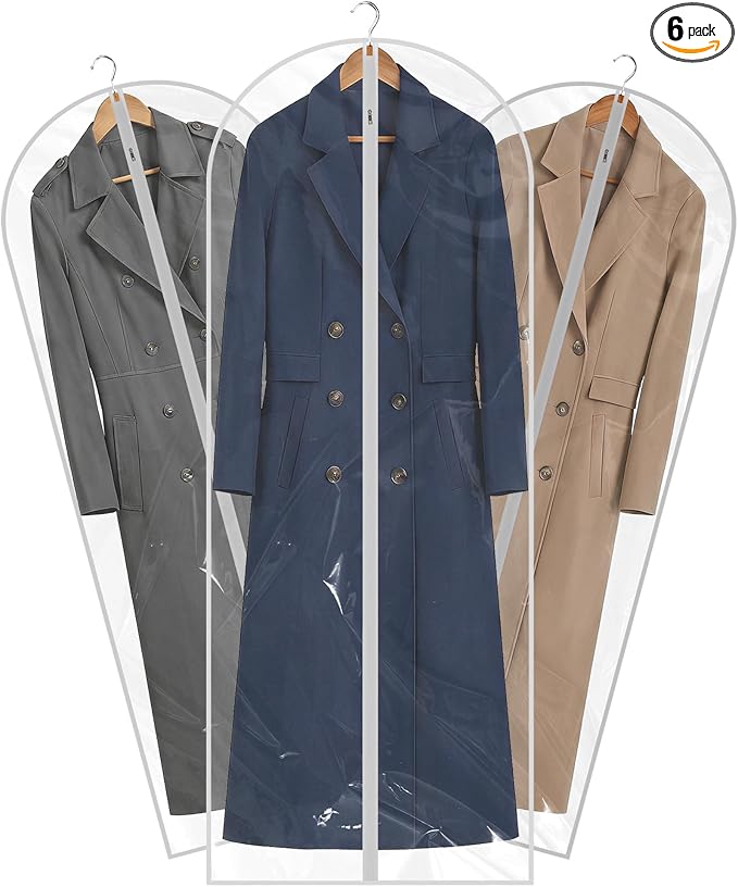 60” All Clear Garment Bags for Travel - PEVA Waterproof Suit Cover with Zipper for Hanging Clothes, long Gowns - Durable Dresser for Closet Storage, Dustproof & Moisture Resistant - 60”/6 Pack
