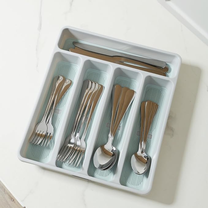 shopwithgreen Silverware Organizer with Cutlery Icons，Silverware Tray for Kitchen Drawer，Plastic Flatware Drawer Organizer Utensil Organizer with Non-slip TPR Linings，5-Compartment Silverware Caddy