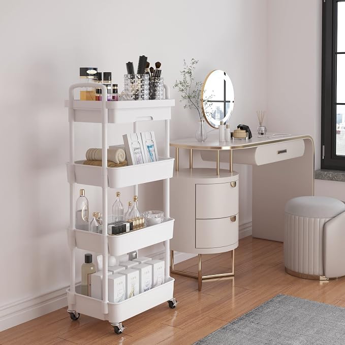 Calmootey 4-Tier Rolling Utility Cart with Drawer,Multifunctional Storage Organizer with Plastic Shelf & Metal Wheel,Storage Cart for Kitchen,Bathroom,Living Room,Office,White | Space-Saving Organizer, Sturdy Plastic Shelves, Smooth-Rolling Metal Wheel...