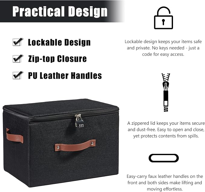 2PCS Storage Bins Boxes with Zipper Lid Combination Lock PU Leather Handles Cotton Linen Fabric Lidded Lockable Baskets Foldable Washable Closet Shelf Organizer Container (Black, Large)