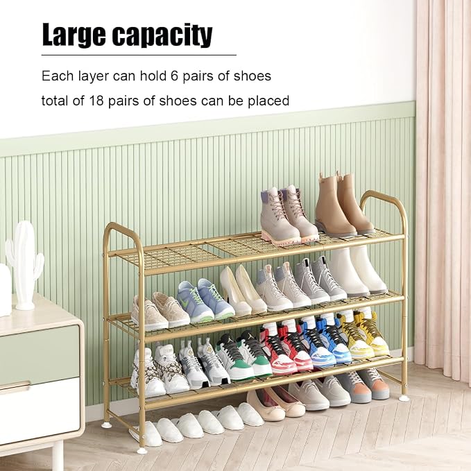 LINZINAR 3 Tier Long Shoe Rack for Closet Metal Shoe Organizer for Entryway | Spacious design stores 20+ pairs of shoes,durable metal frame,space-saving organizer for closet, hallway, and Entryway Gold