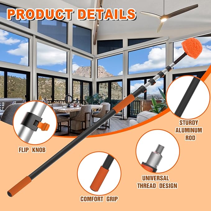 SISUPASSIE 20FT Reach Cobweb Duster with Extension Pole, High Ceiling Long Duster with 3-12FT Telescoping Pole, Spider Web Brush for Indoor Outdoor Use