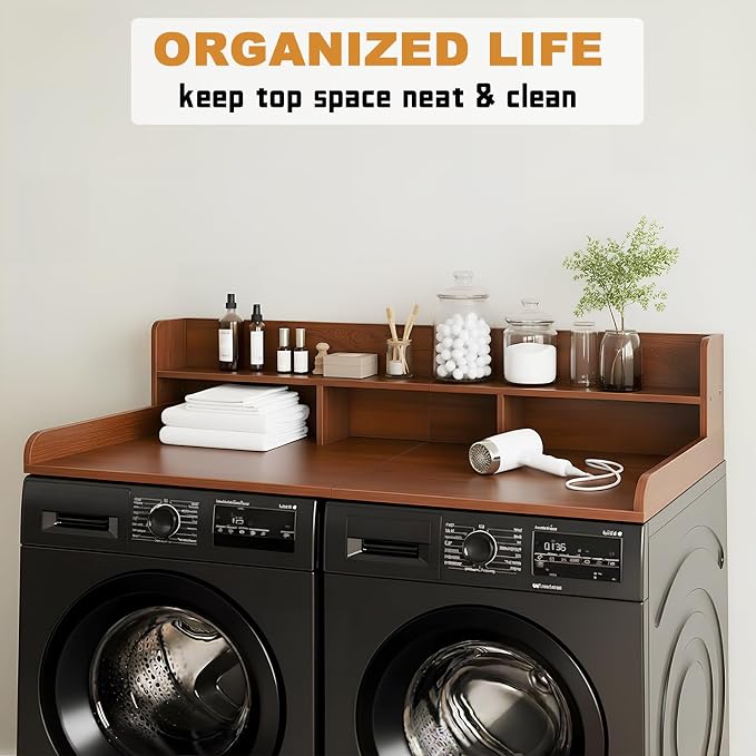 Washer Dryer Countertop with Shelf, 2-Tier Laundry Countertop Over Washer and Dryer, 54" x 27.55" Wooden Table for Folding Clothes for Laundry Room Organization and Storage (Walnut)