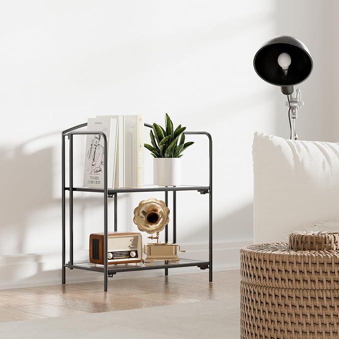 Crofy 2-Tier Foldable Bookshelf, Black Frame & Transparent Shelves | No-Assembly Collapsible Portable Storage Organizer; Sturdy Transparent Shelves; Ideal for Living Room & Home Office