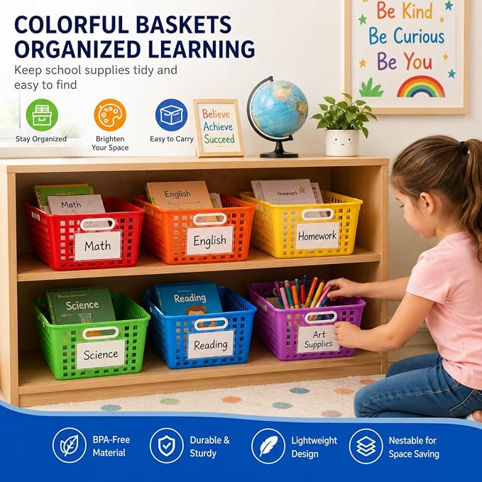 6 Pack Plastic Classroom Storage Baskets, Organizer Bins with Handle | Rainbow Color 11" × 7.1" × 4.6" Medium Papers Book Storage Organizer for School Classroom Library Office Home Desktop Closets