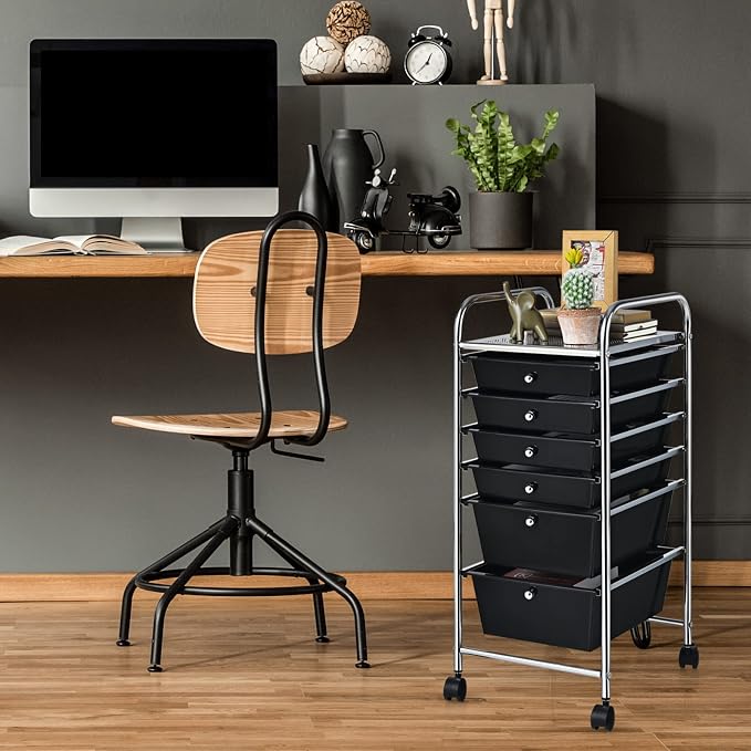 DREAMADE Rolling Cart with Storage Drawers, Utility Cart with Removable Plastic Drawers, Lockable Wheels, Art Cart for Classroom Organization Art Supplies Office Scrapbook (6 Drawers, Black)