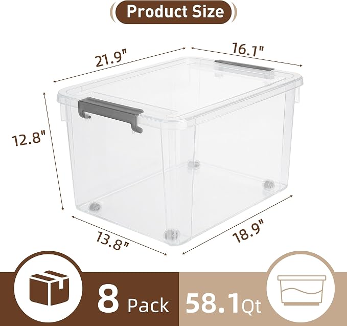 Citylife 44.4 QT Plastic Storage Bins with Latching Lids Stackable Storage Containers for Organizing Large Clear Storage Box for Garage, Closet, Kitchen, 8 Packs