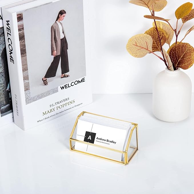 Feyarl Gold Glass Business Card Holder Desktop Name Card Display Office Standard Business Cards Stand Organizer Storage for Office Desk Reception Counter Front Desk