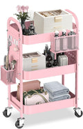 ALVOROG 3 Tier Metal Rolling Utility Cart with Pegboards,Baskets,Hooks,Pink | More Storage Craft Cart with Pegboards,Lockable Wheels,Hooks & Baskets to Organize Kitchen,Office,Bedroom and DIY Supplies