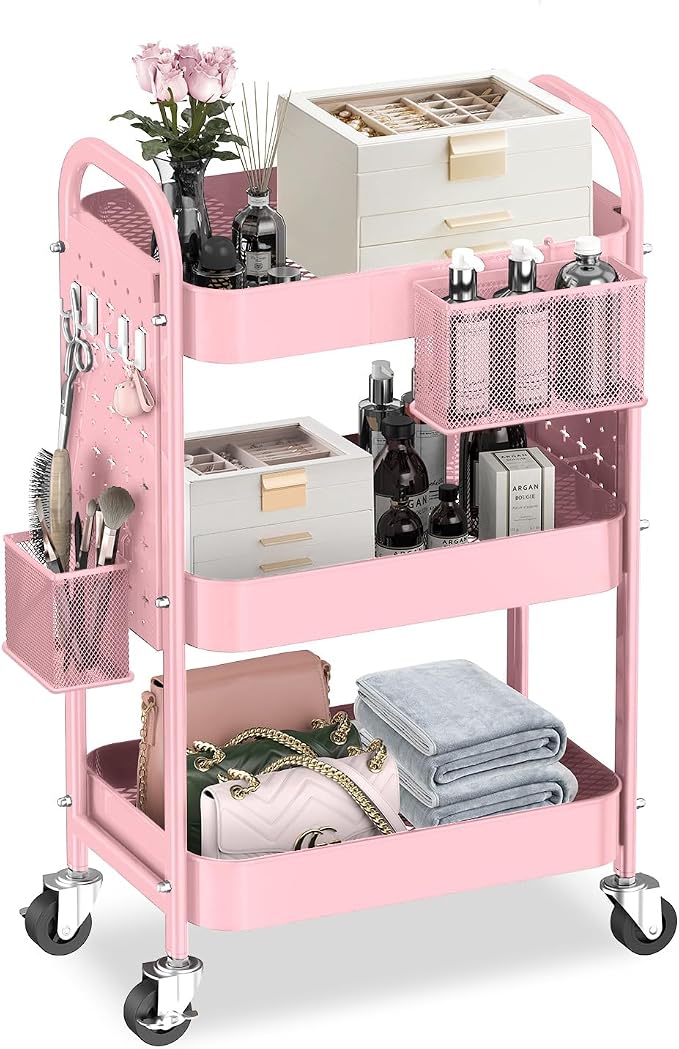 ALVOROG 3 Tier Metal Rolling Utility Cart with Pegboards,Baskets,Hooks,Pink | More Storage Craft Cart with Pegboards,Lockable Wheels,Hooks & Baskets to Organize Kitchen,Office,Bedroom and DIY Supplies