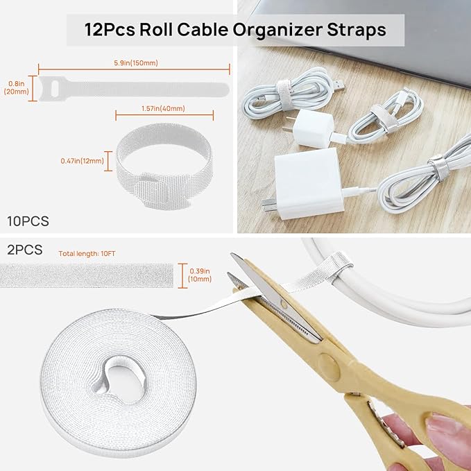Cable Management Kit - 4 Cable Sleeve, 28 Self Adhesive Cable Clips, 29 Cord Holders, 10+2 Roll Cable Organizer Straps and 100 Fastening Cable Ties for TV Computer Under Desk (White)