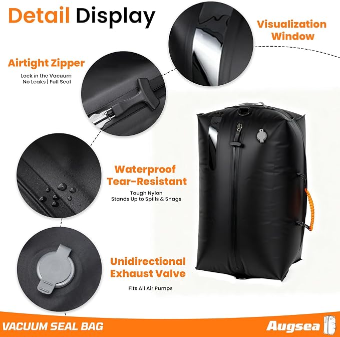 34L Vacuum Seal Bags for Clothing Travel - IP67waterproof & Reusable, Electric Pump Included, Travel Vacuum Bags with Pump,Compression Storage Bags for Luggage/Backpack Packing (1PC)