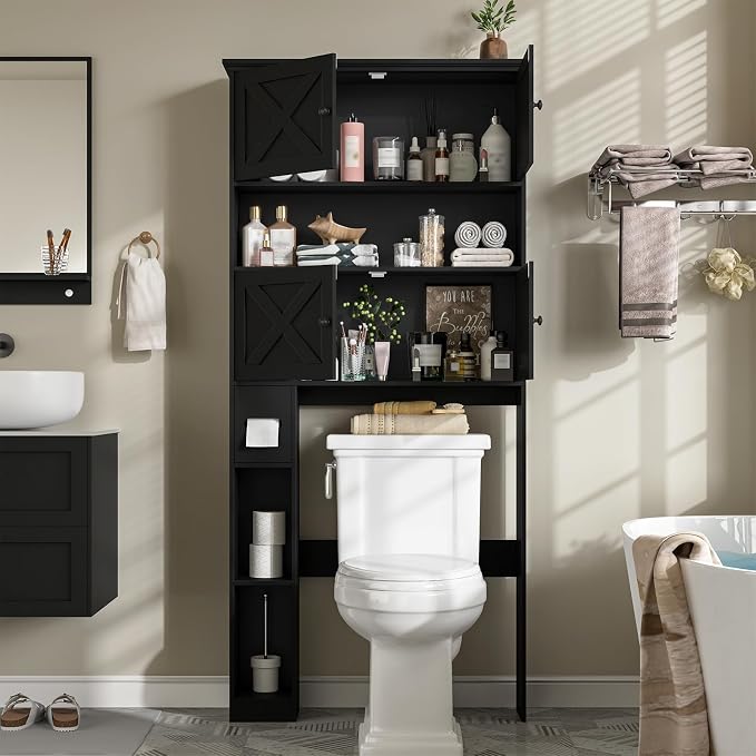 Halitaa Over The Toilet Storage Cabinet with Doors & Paper Holder, Black | Halitaa Farmhouse Toilet Shelf Home Space Saver with 4 Barn Doors & Toilet Paper Holder Stand for Restroom, Bathroom, Laundry