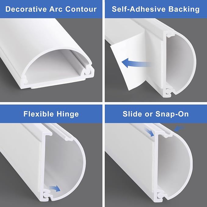 ZhiYo 34in Cord Hider for 2-4 Wall-Mounted TV Wires, 1.4" W x 0.7" H, Beige | Split-Hinge Design for Easy Installation, Half-Round Glazed Finish Ideal for Wall/Baseboard, Self-Adhesive, 2 Pack (17" Each)