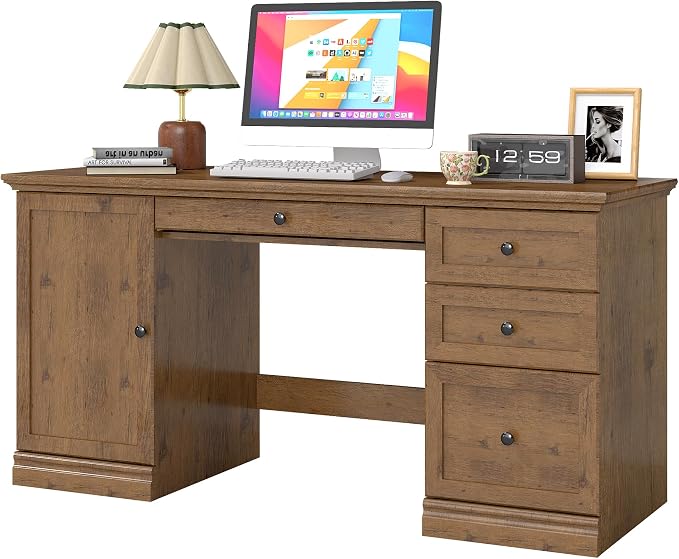 blini Large Farmhouse Executive Desk with Drawers，Wood Computer Desk，Embossed Texture Home Office Desk with File Cabinet Storage, Cable Management, Keyboard Tray，Working Table for Work Study Writing