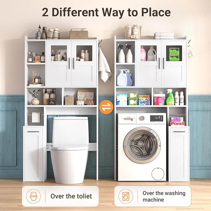 ELYKEN Over The Toilet Storage Cabinet with Pulley Bathroom Storage Cabinet, Home Space-Saving Over Toilet Rack with Glass Doors & Open Adjustable Shelf for Bathroom, Restroom, Laundry, White