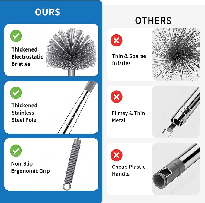 Cobweb Duster with Extension Pole, Upgraded Heavy Duty Thickened Stainless Steel Telescopic Handle for High Ceilings & Ceiling Fans, 90" Total Reach (15.7" Compact), Medium Stiff Bristles (Grey)