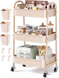 Beige 3 Tier Rolling Cart Metal on Wheels, Three Tiered Storage Organizer Utility Trolley with Wheels for Art, Craft, Baby Diaper Caddy, Snack, Book, Nail, Lash, Cleaning Supplies, Kitchen, Bathroom